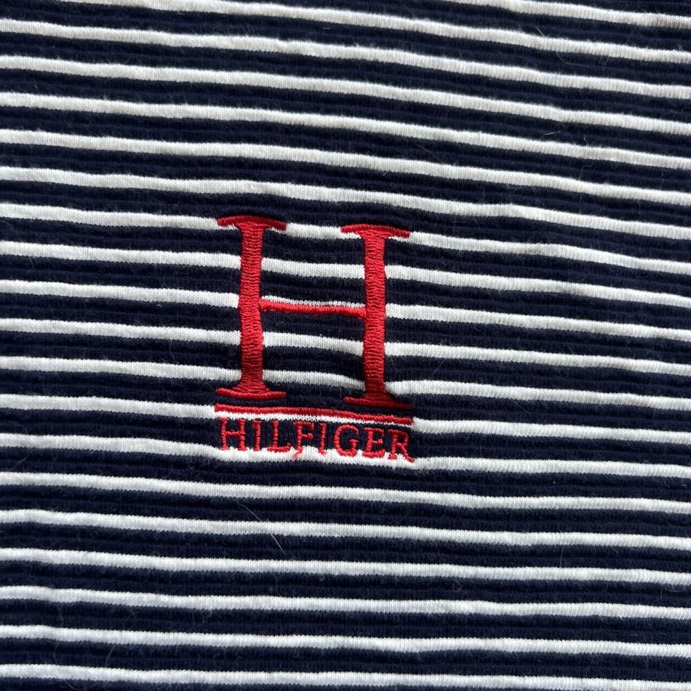 Vintage Tommy Hilfiger 1/4 Zip Striped Navy/White Polo Red Cotton Crest H Logo L - Picture 3 of 9